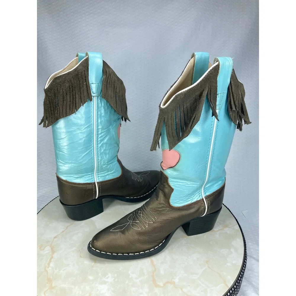 Old West Fringe Leather Western Boots Youth Sz 4.5 Turquoise Bronze Cowboy Rodeo